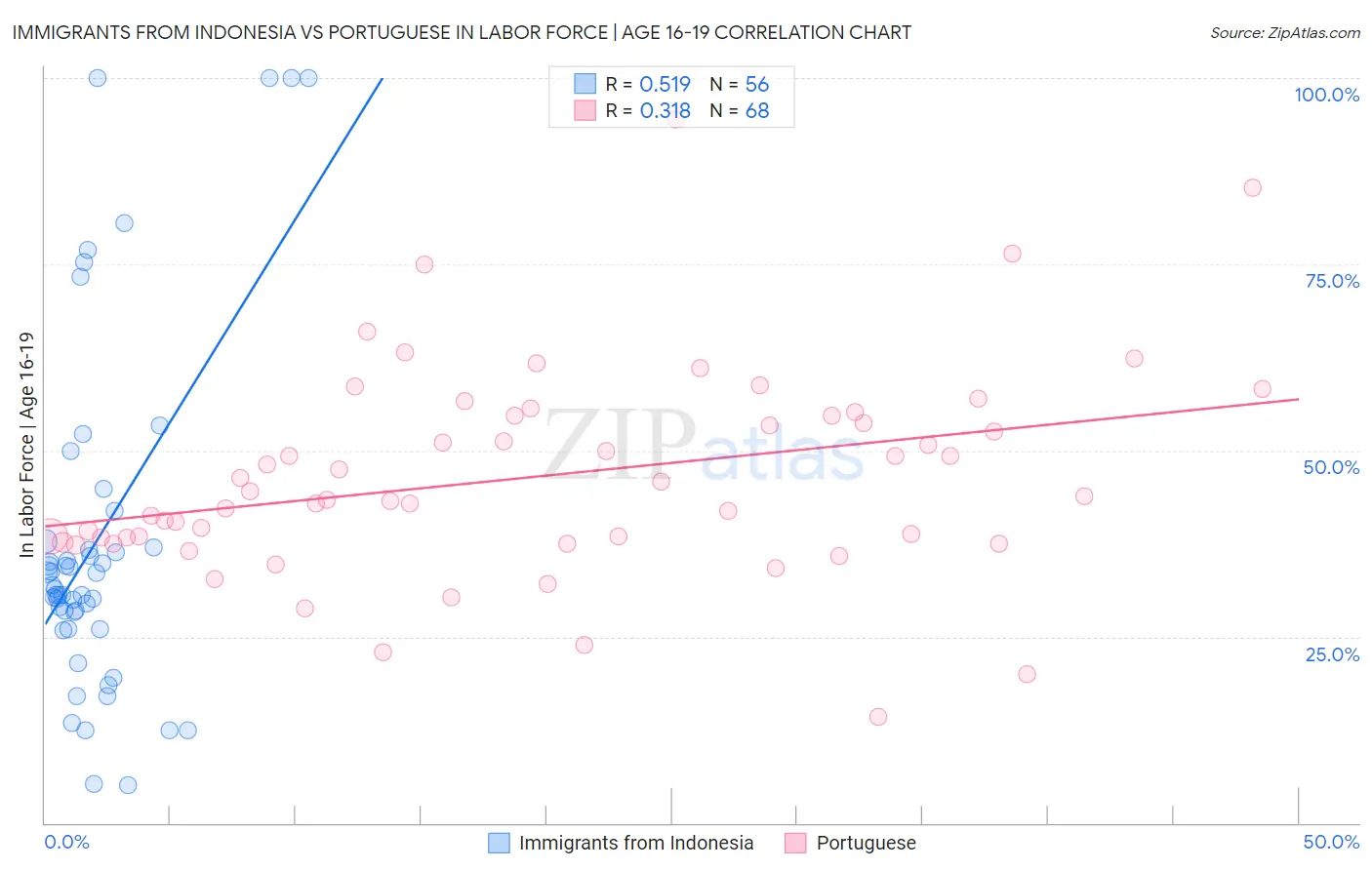 Immigrants from Indonesia vs Portuguese In Labor Force | Age 16-19