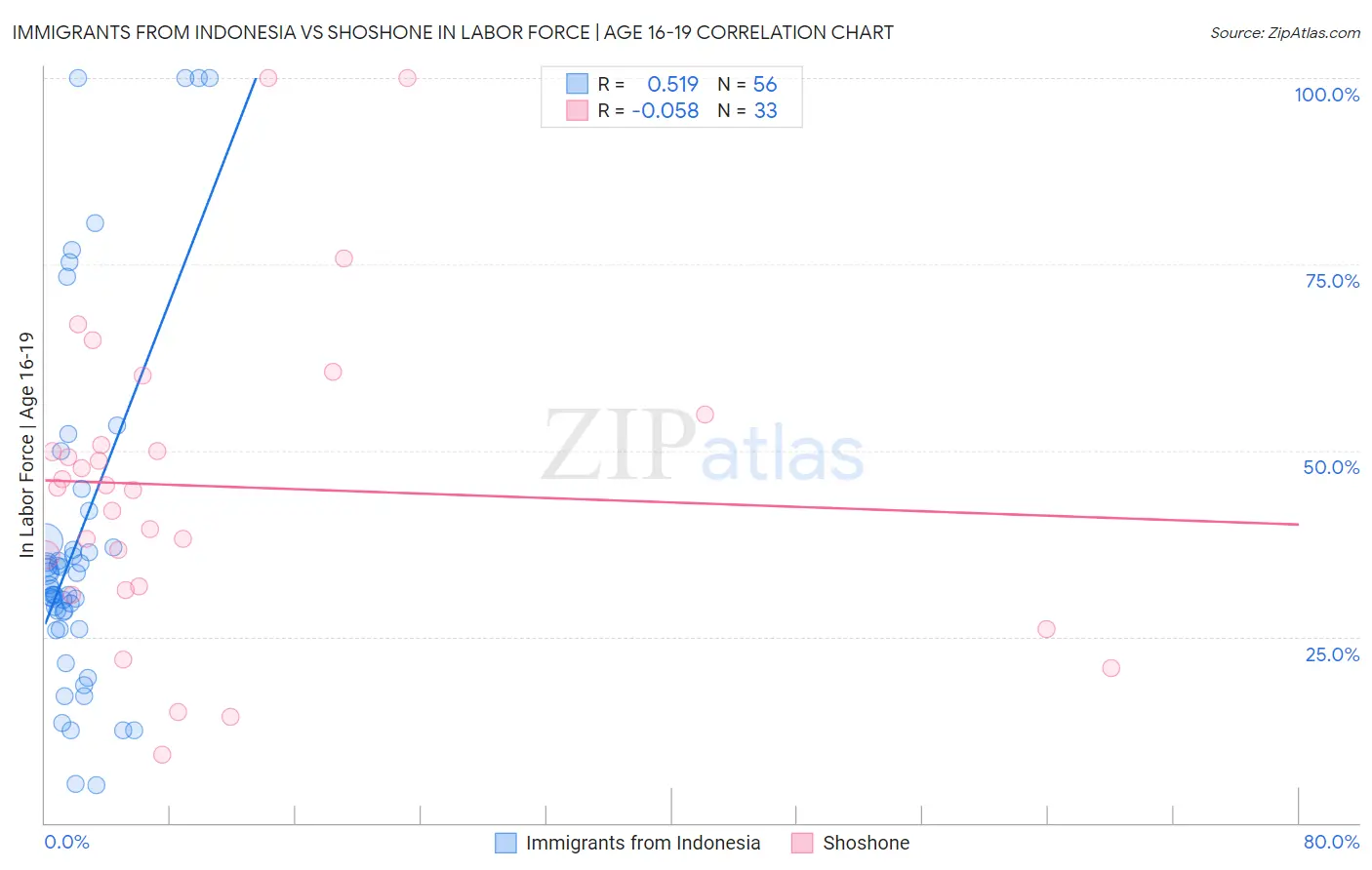 Immigrants from Indonesia vs Shoshone In Labor Force | Age 16-19