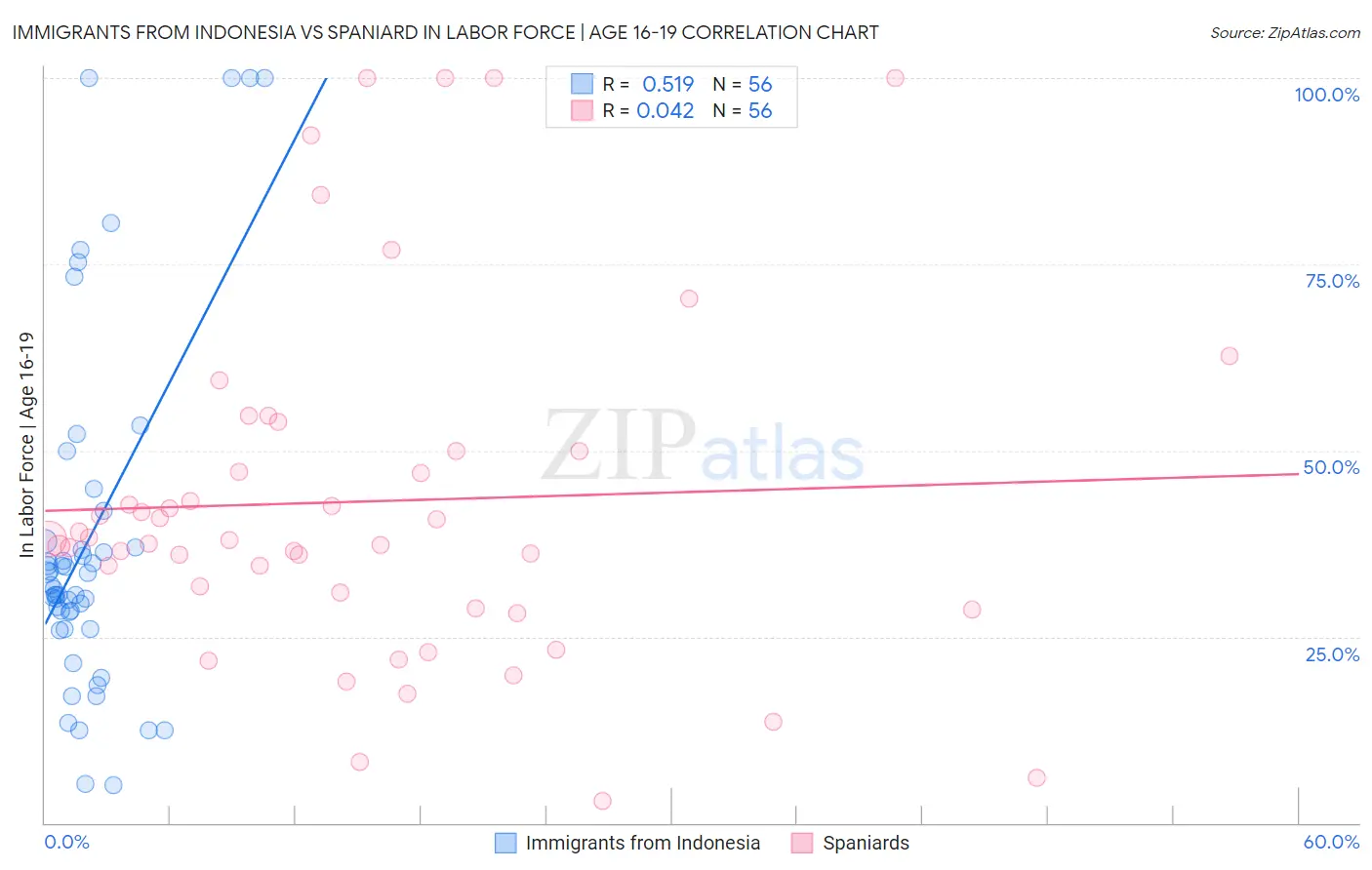Immigrants from Indonesia vs Spaniard In Labor Force | Age 16-19