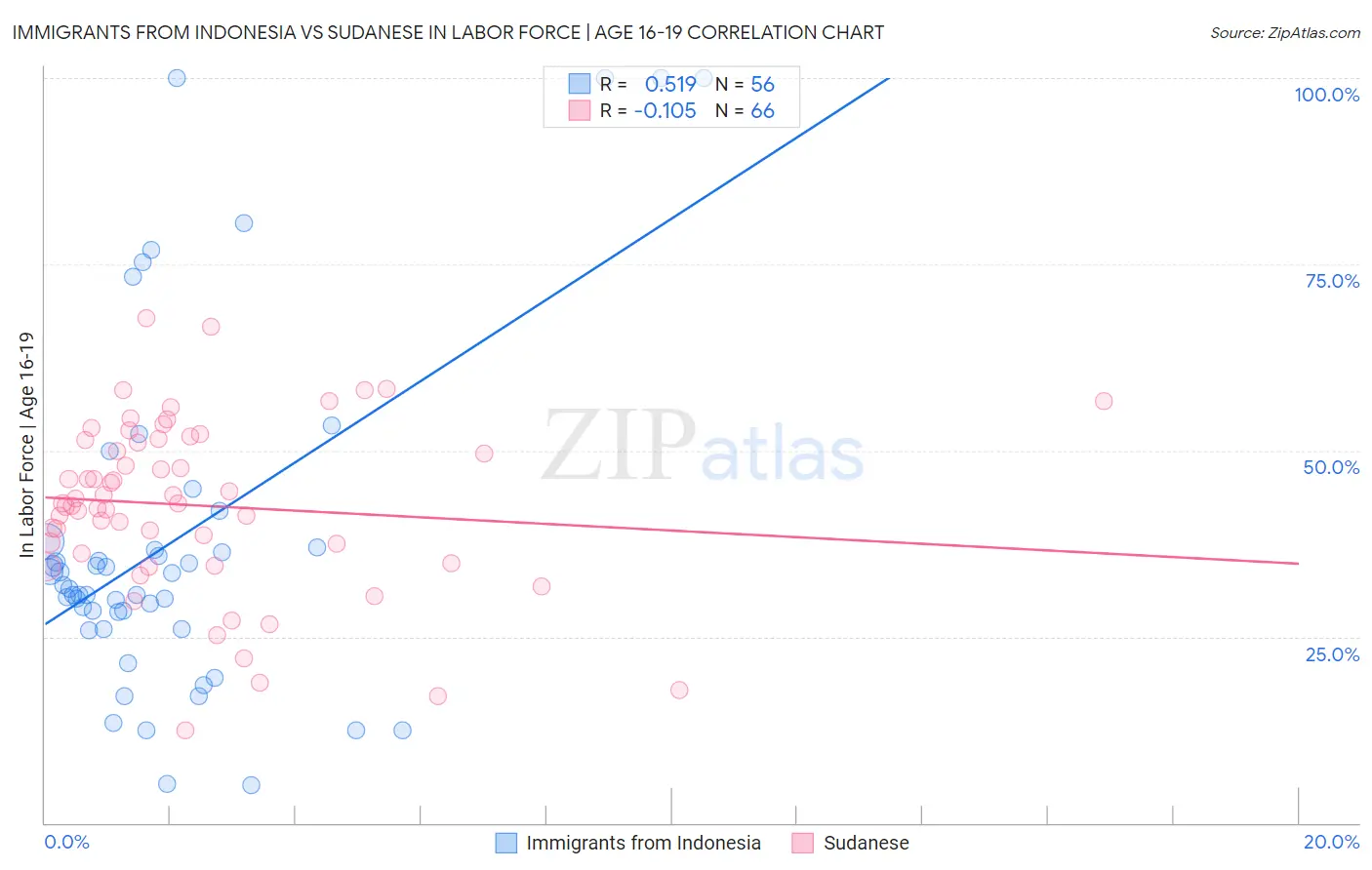 Immigrants from Indonesia vs Sudanese In Labor Force | Age 16-19