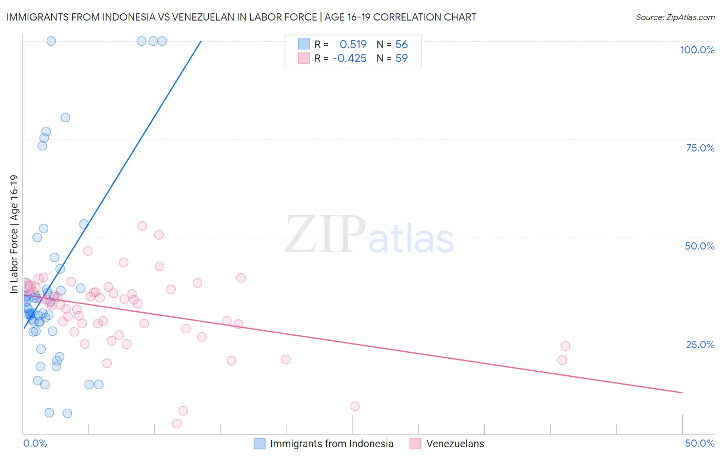 Immigrants from Indonesia vs Venezuelan In Labor Force | Age 16-19
