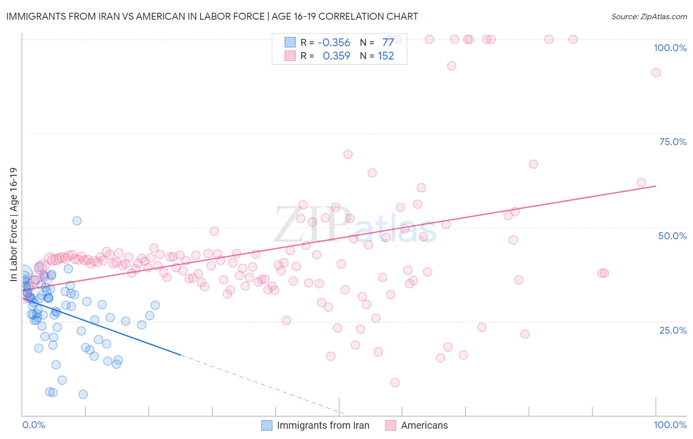 Immigrants from Iran vs American In Labor Force | Age 16-19