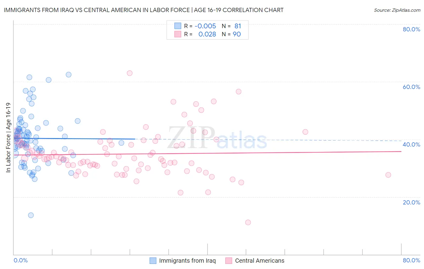 Immigrants from Iraq vs Central American In Labor Force | Age 16-19