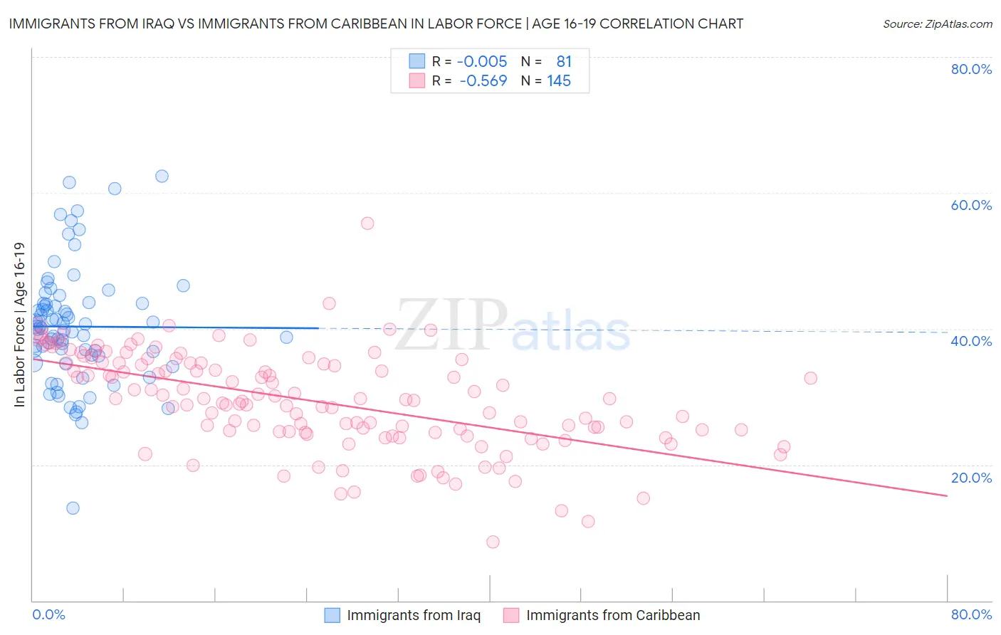 Immigrants from Iraq vs Immigrants from Caribbean In Labor Force | Age 16-19
