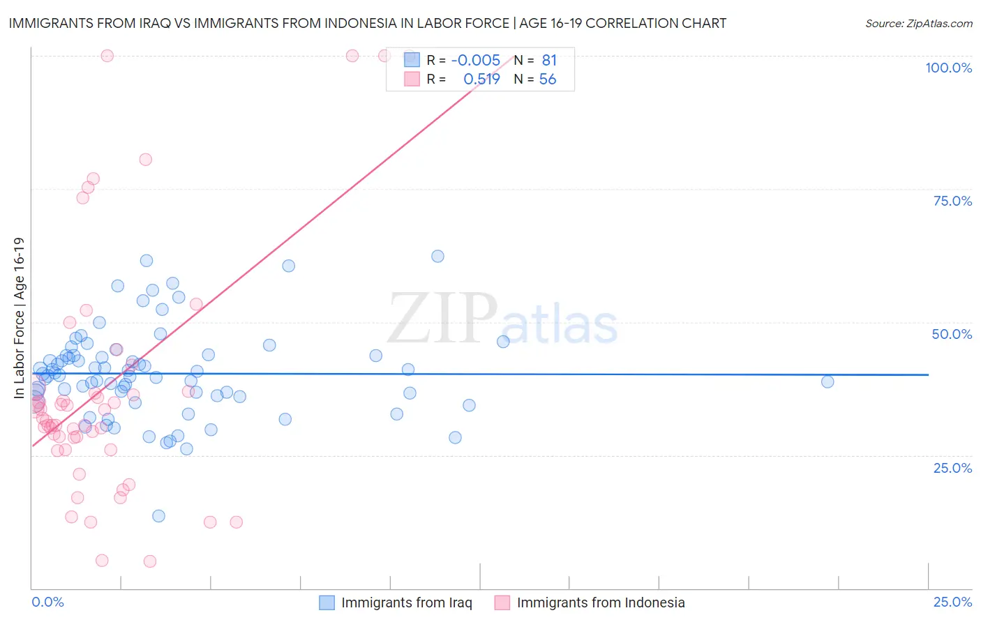 Immigrants from Iraq vs Immigrants from Indonesia In Labor Force | Age 16-19