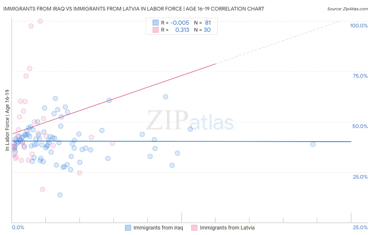 Immigrants from Iraq vs Immigrants from Latvia In Labor Force | Age 16-19