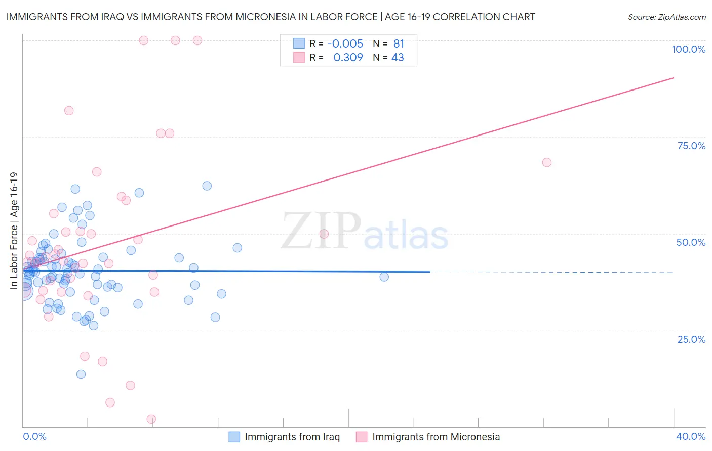 Immigrants from Iraq vs Immigrants from Micronesia In Labor Force | Age 16-19