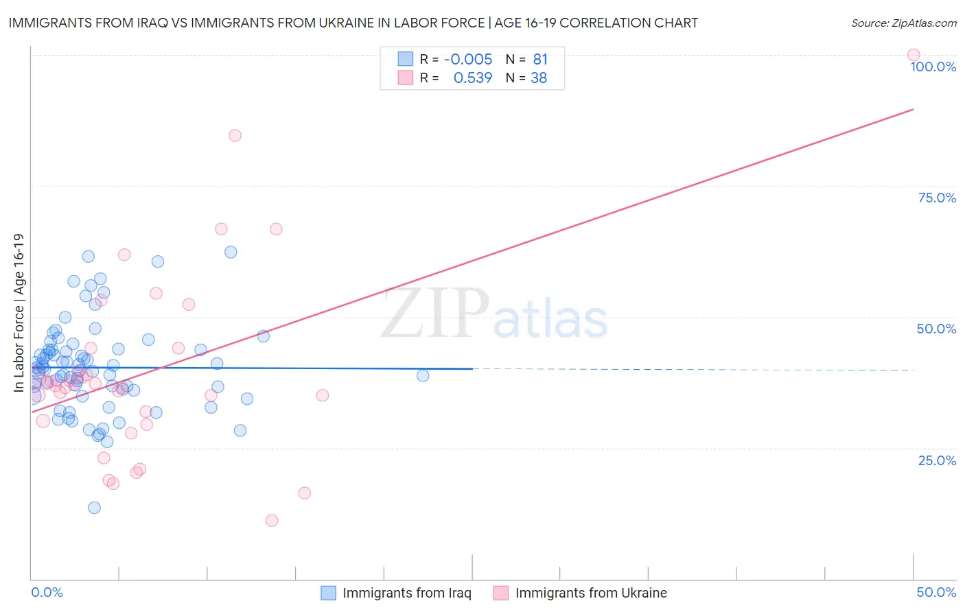 Immigrants from Iraq vs Immigrants from Ukraine In Labor Force | Age 16-19