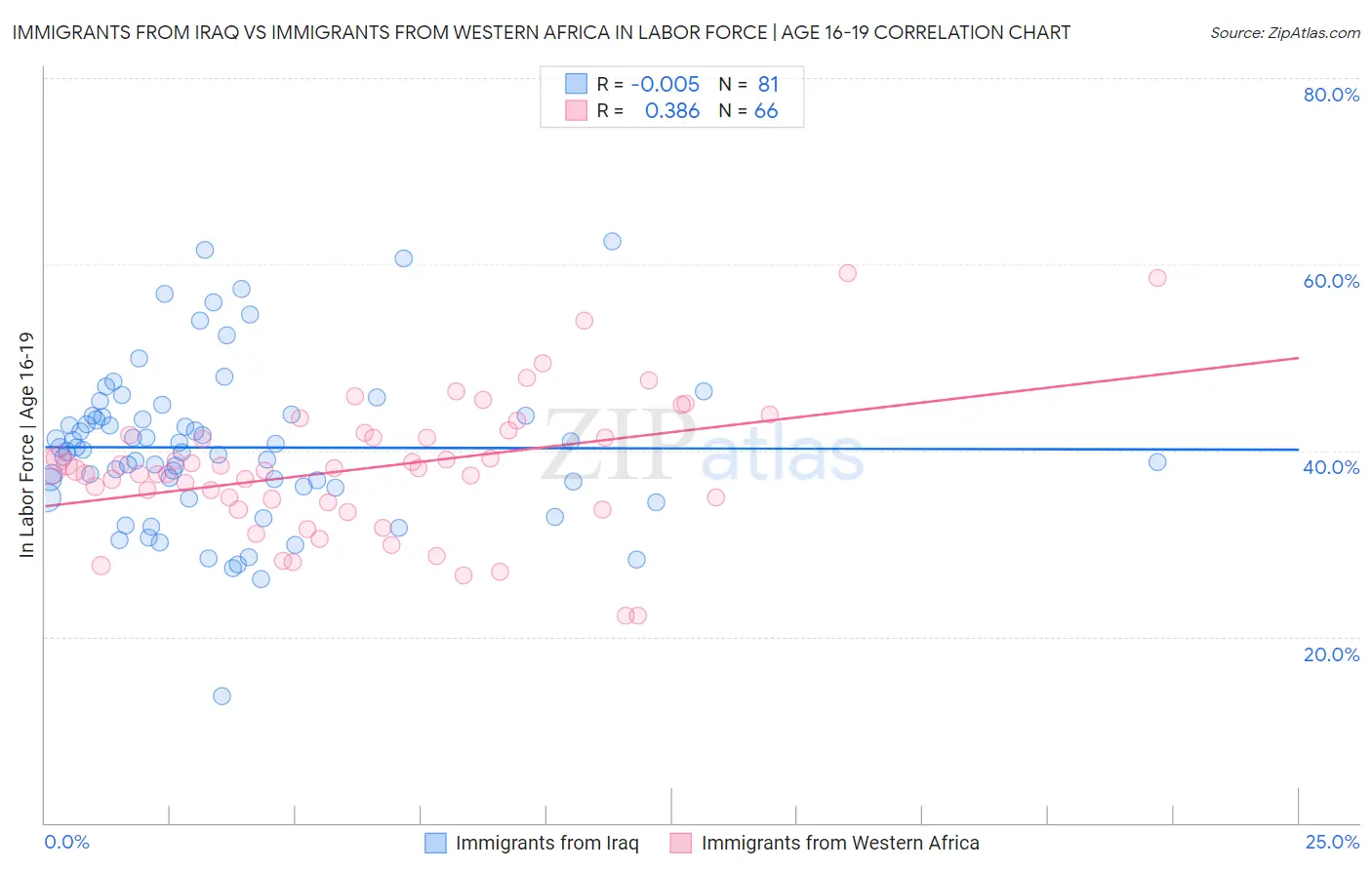 Immigrants from Iraq vs Immigrants from Western Africa In Labor Force | Age 16-19