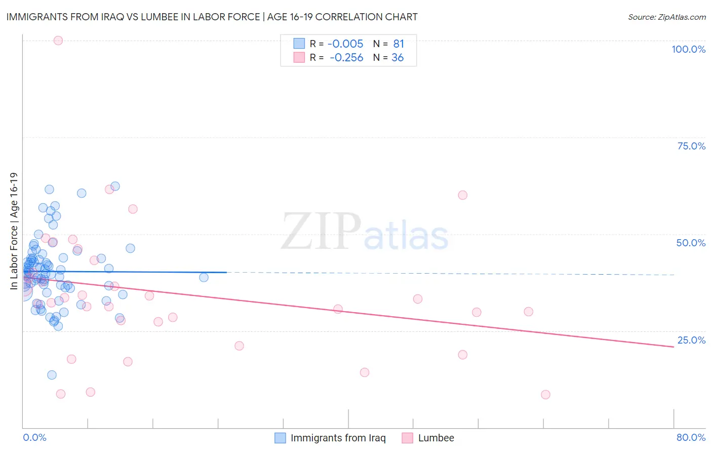 Immigrants from Iraq vs Lumbee In Labor Force | Age 16-19