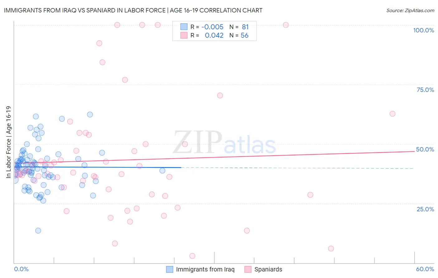 Immigrants from Iraq vs Spaniard In Labor Force | Age 16-19