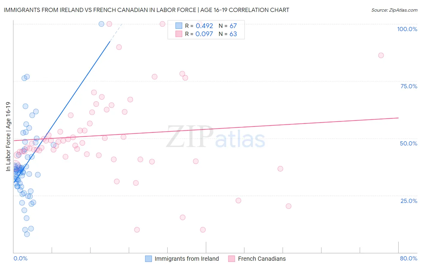 Immigrants from Ireland vs French Canadian In Labor Force | Age 16-19