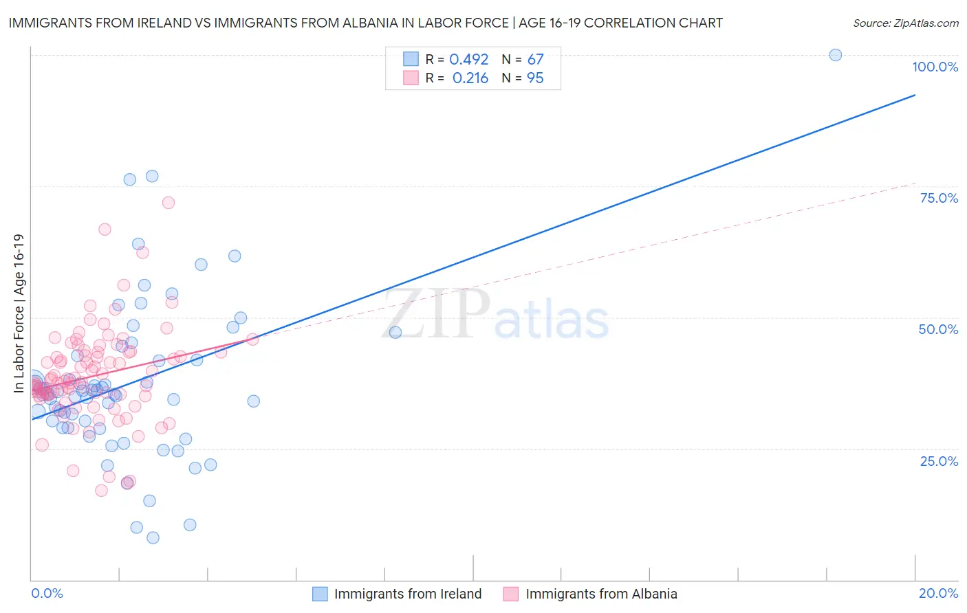 Immigrants from Ireland vs Immigrants from Albania In Labor Force | Age 16-19