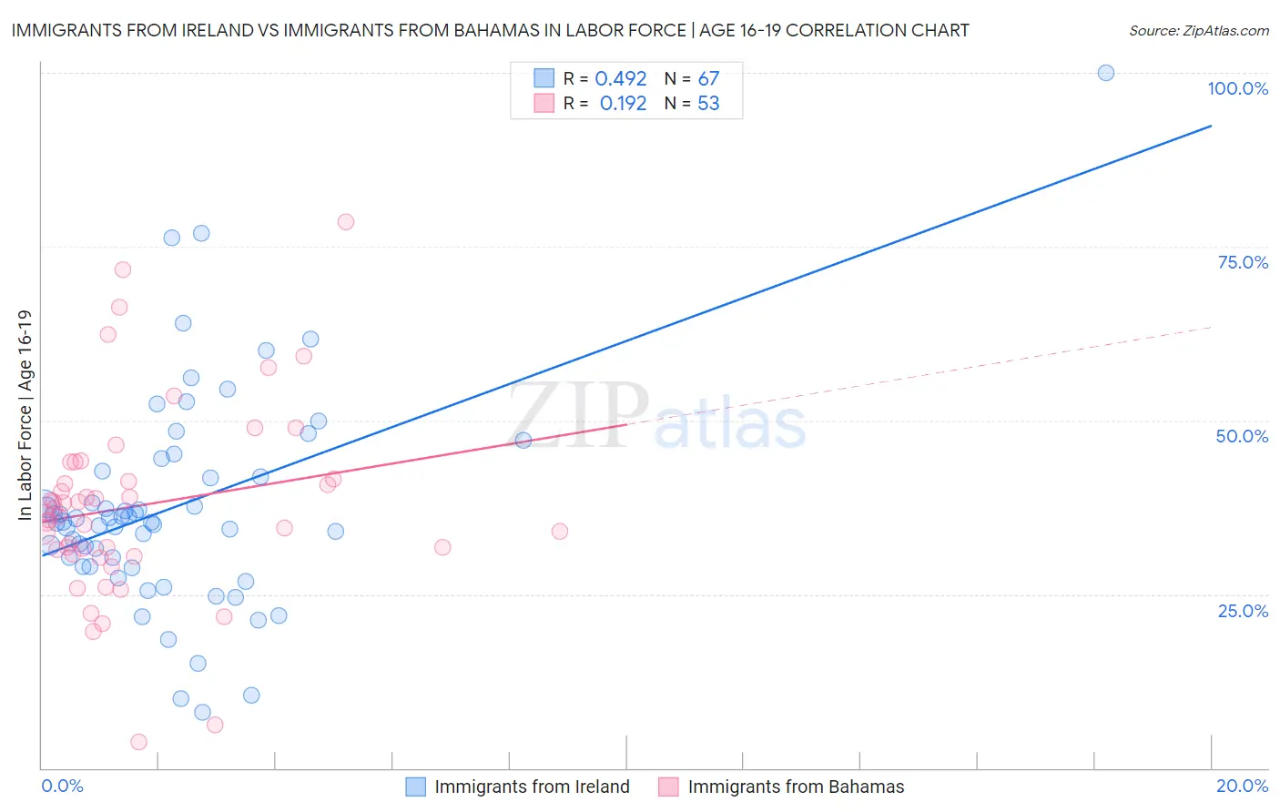 Immigrants from Ireland vs Immigrants from Bahamas In Labor Force | Age 16-19
