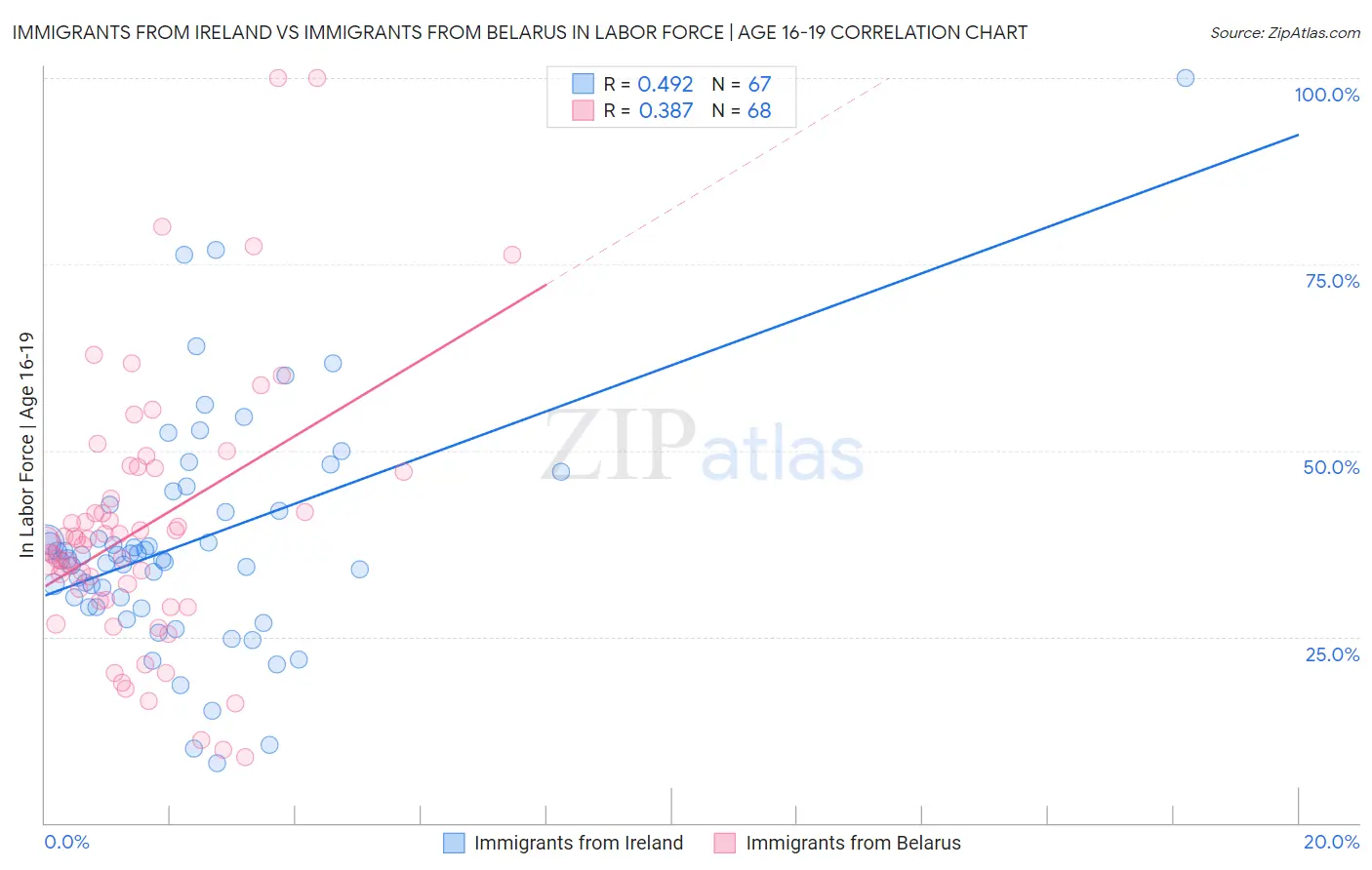 Immigrants from Ireland vs Immigrants from Belarus In Labor Force | Age 16-19