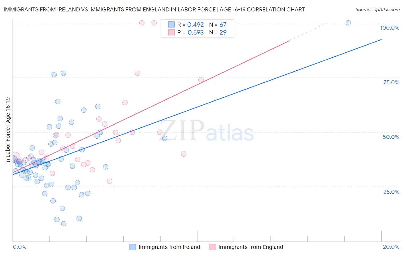 Immigrants from Ireland vs Immigrants from England In Labor Force | Age 16-19