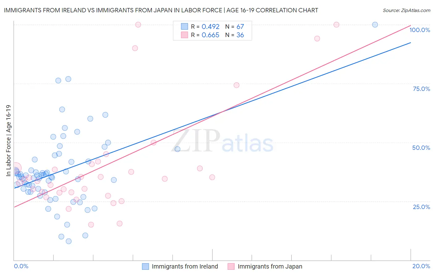 Immigrants from Ireland vs Immigrants from Japan In Labor Force | Age 16-19