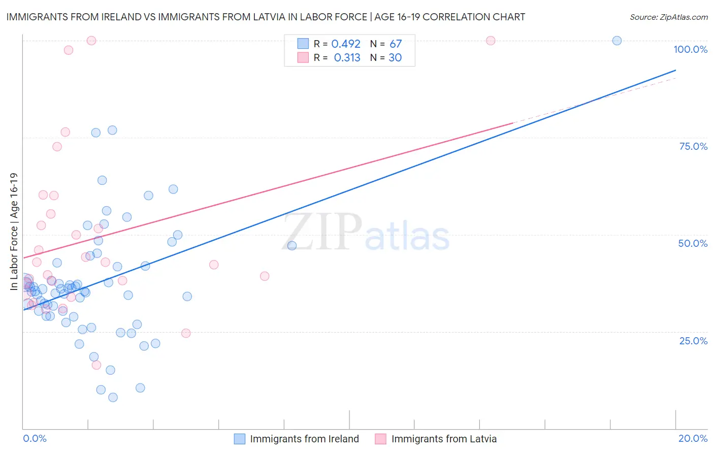 Immigrants from Ireland vs Immigrants from Latvia In Labor Force | Age 16-19