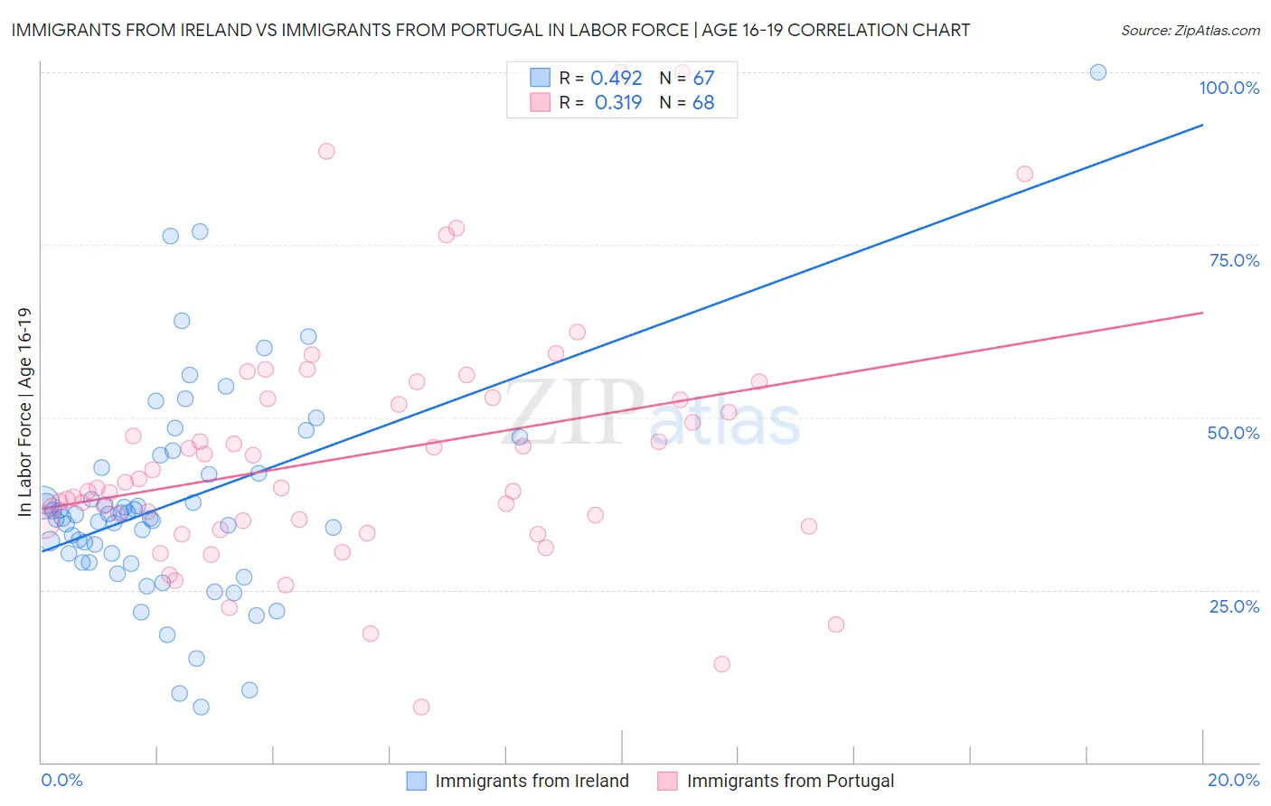 Immigrants from Ireland vs Immigrants from Portugal In Labor Force | Age 16-19