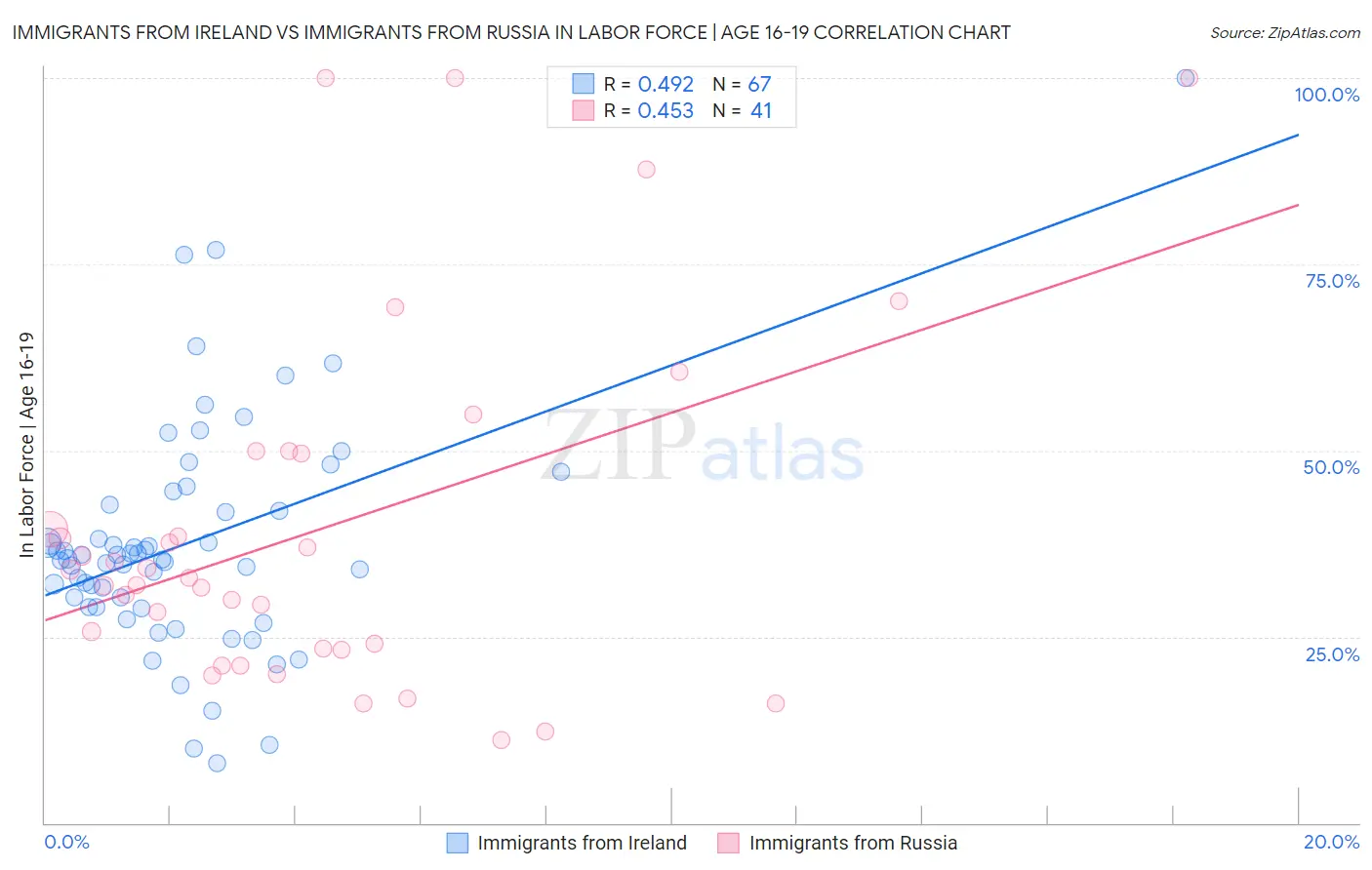 Immigrants from Ireland vs Immigrants from Russia In Labor Force | Age 16-19