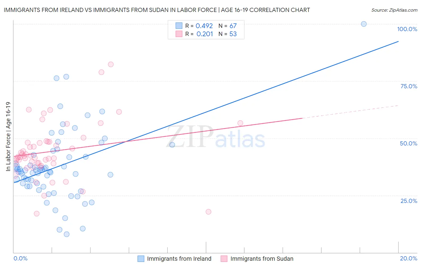 Immigrants from Ireland vs Immigrants from Sudan In Labor Force | Age 16-19