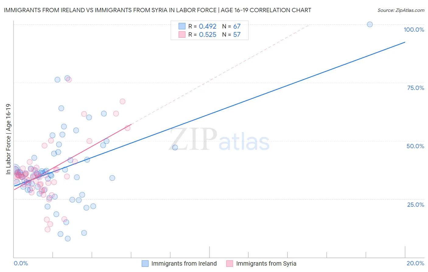 Immigrants from Ireland vs Immigrants from Syria In Labor Force | Age 16-19