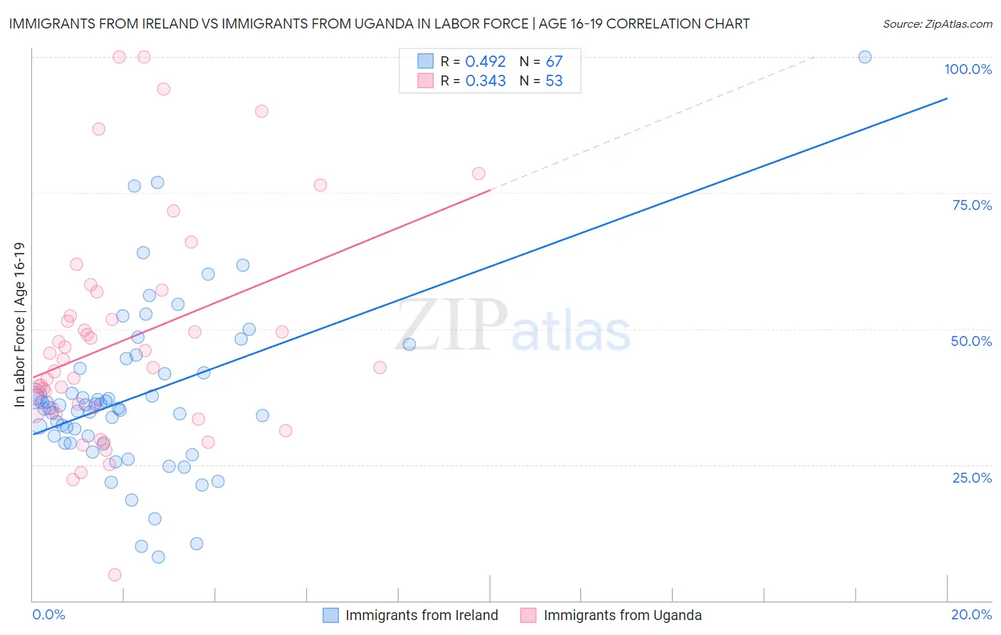 Immigrants from Ireland vs Immigrants from Uganda In Labor Force | Age 16-19