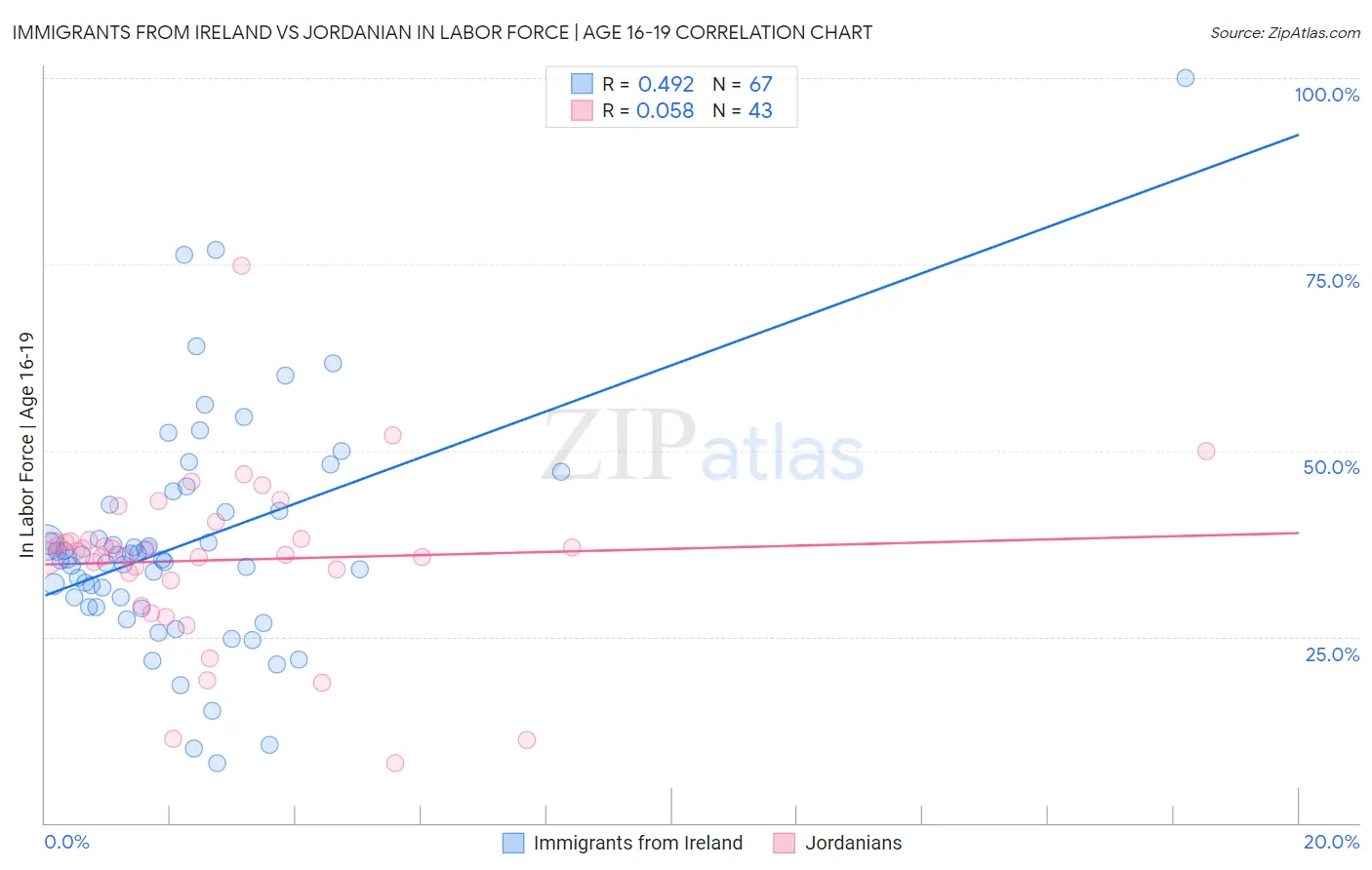 Immigrants from Ireland vs Jordanian In Labor Force | Age 16-19