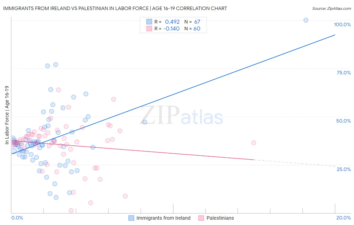 Immigrants from Ireland vs Palestinian In Labor Force | Age 16-19