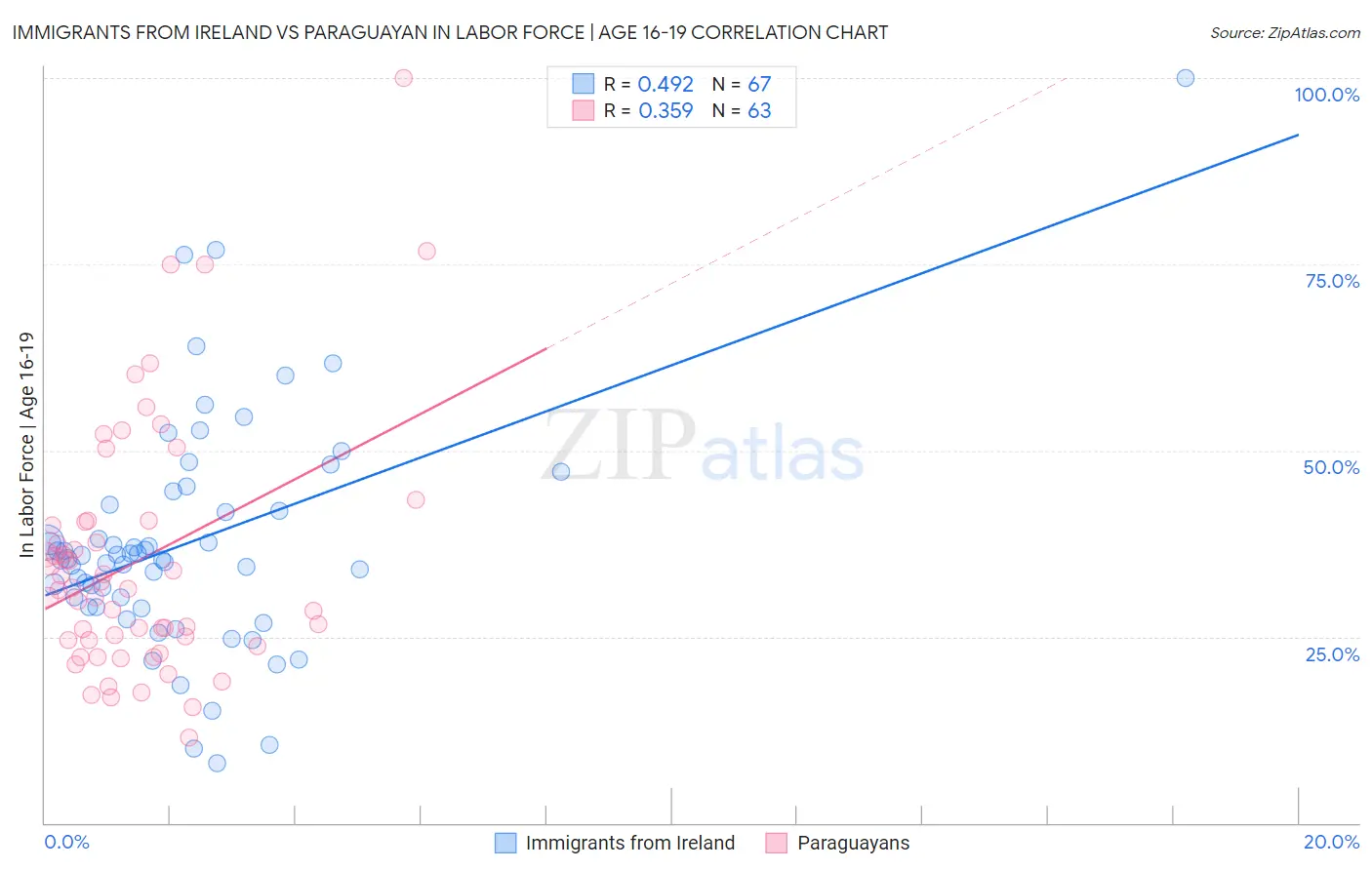 Immigrants from Ireland vs Paraguayan In Labor Force | Age 16-19