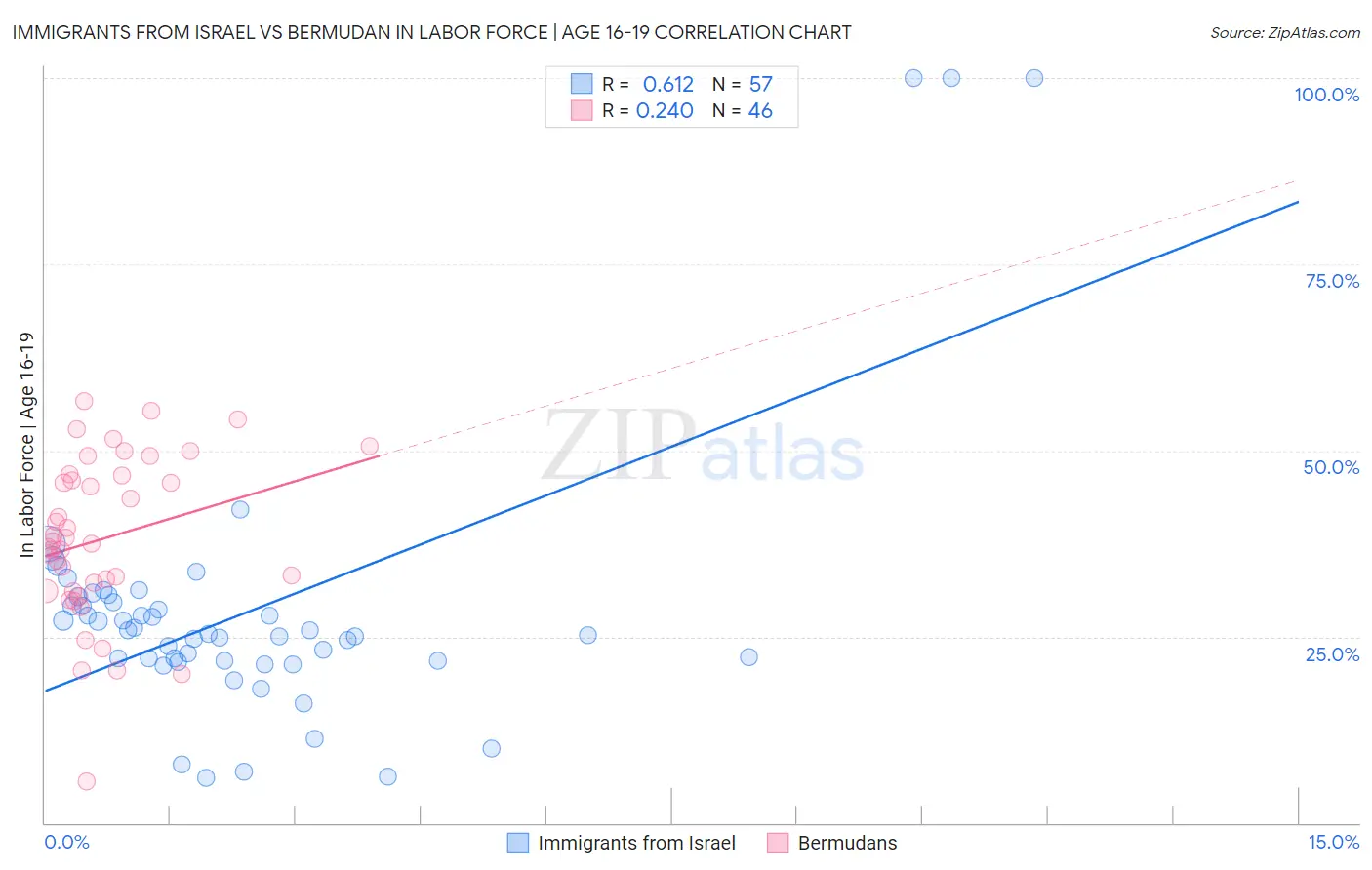 Immigrants from Israel vs Bermudan In Labor Force | Age 16-19