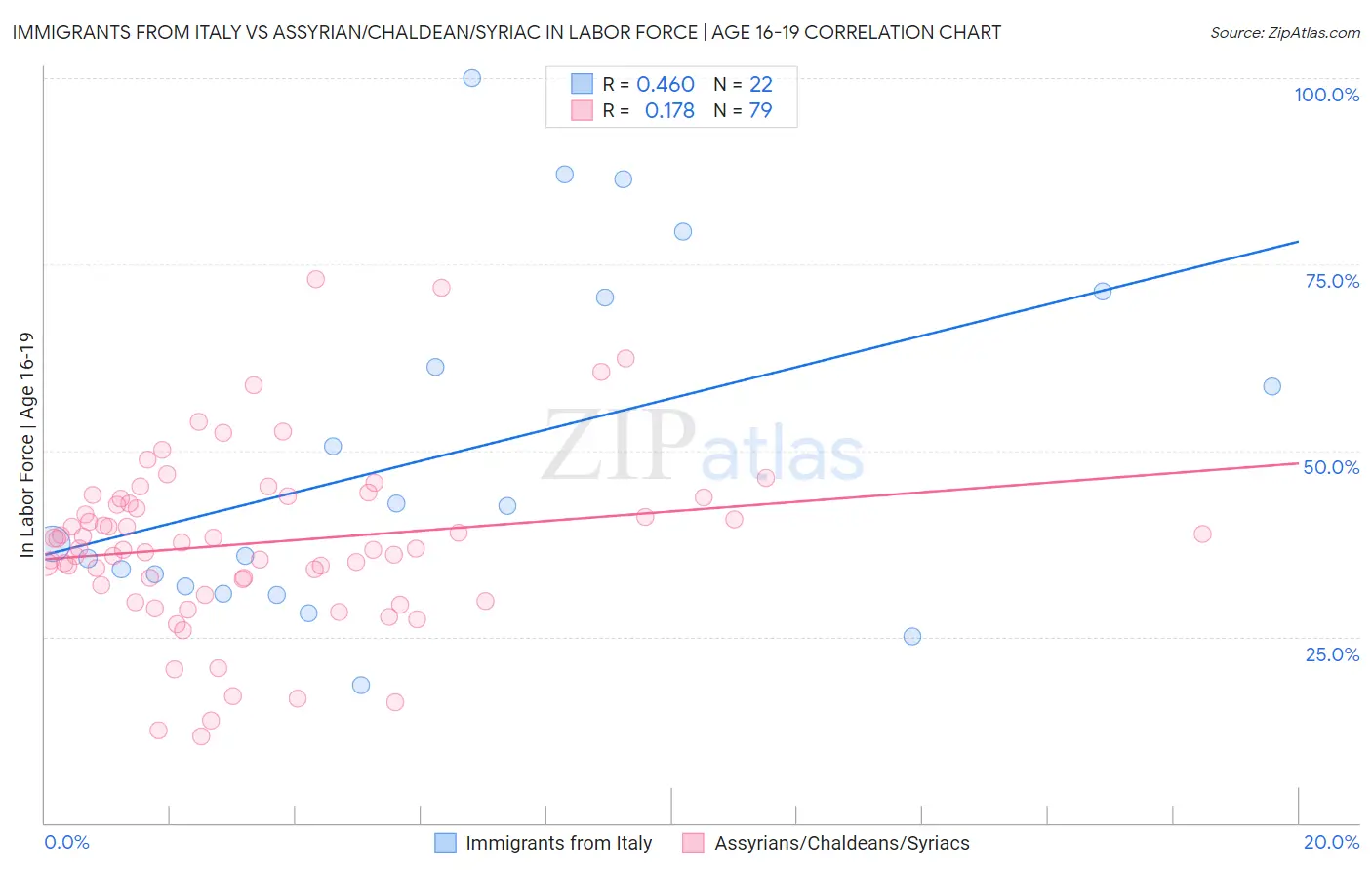 Immigrants from Italy vs Assyrian/Chaldean/Syriac In Labor Force | Age 16-19