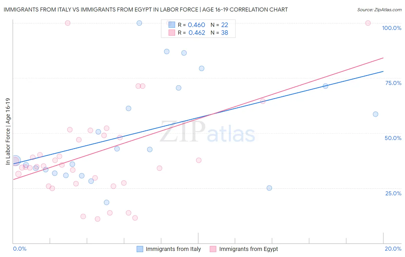 Immigrants from Italy vs Immigrants from Egypt In Labor Force | Age 16-19