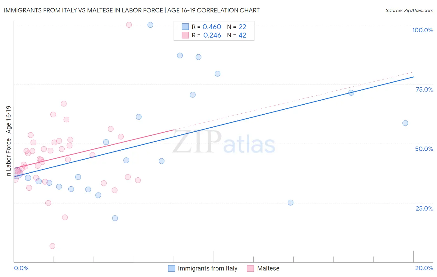 Immigrants from Italy vs Maltese In Labor Force | Age 16-19