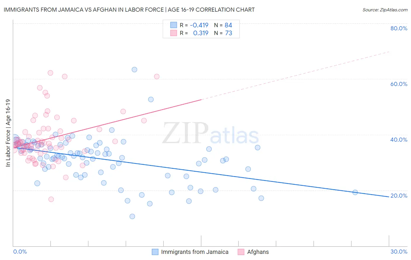 Immigrants from Jamaica vs Afghan In Labor Force | Age 16-19