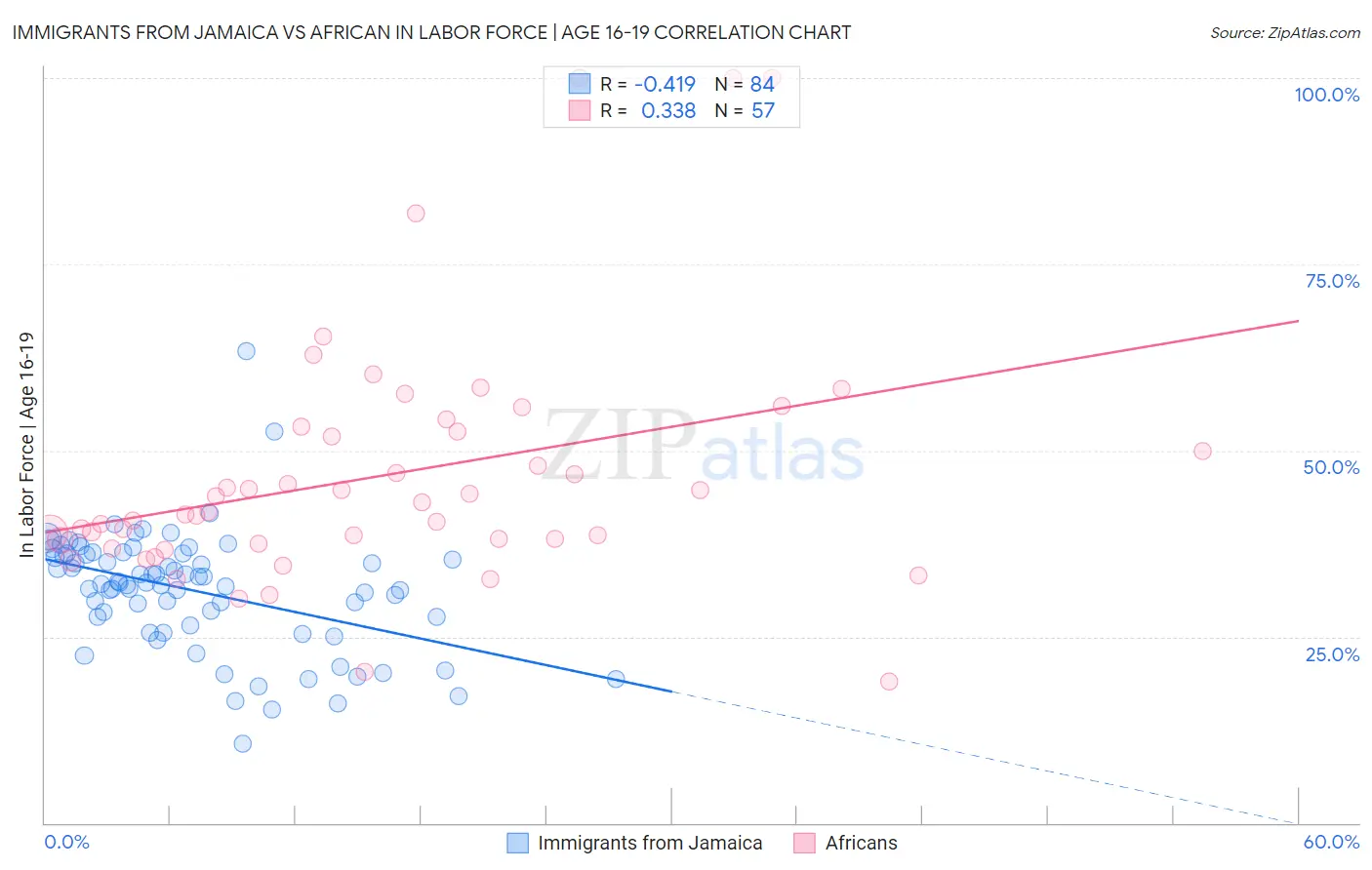 Immigrants from Jamaica vs African In Labor Force | Age 16-19