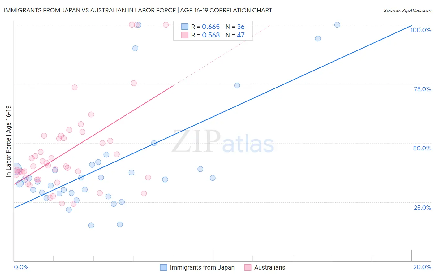 Immigrants from Japan vs Australian In Labor Force | Age 16-19