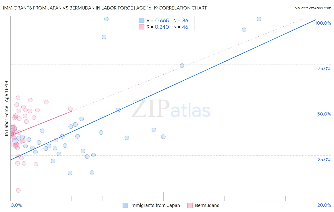Immigrants from Japan vs Bermudan In Labor Force | Age 16-19