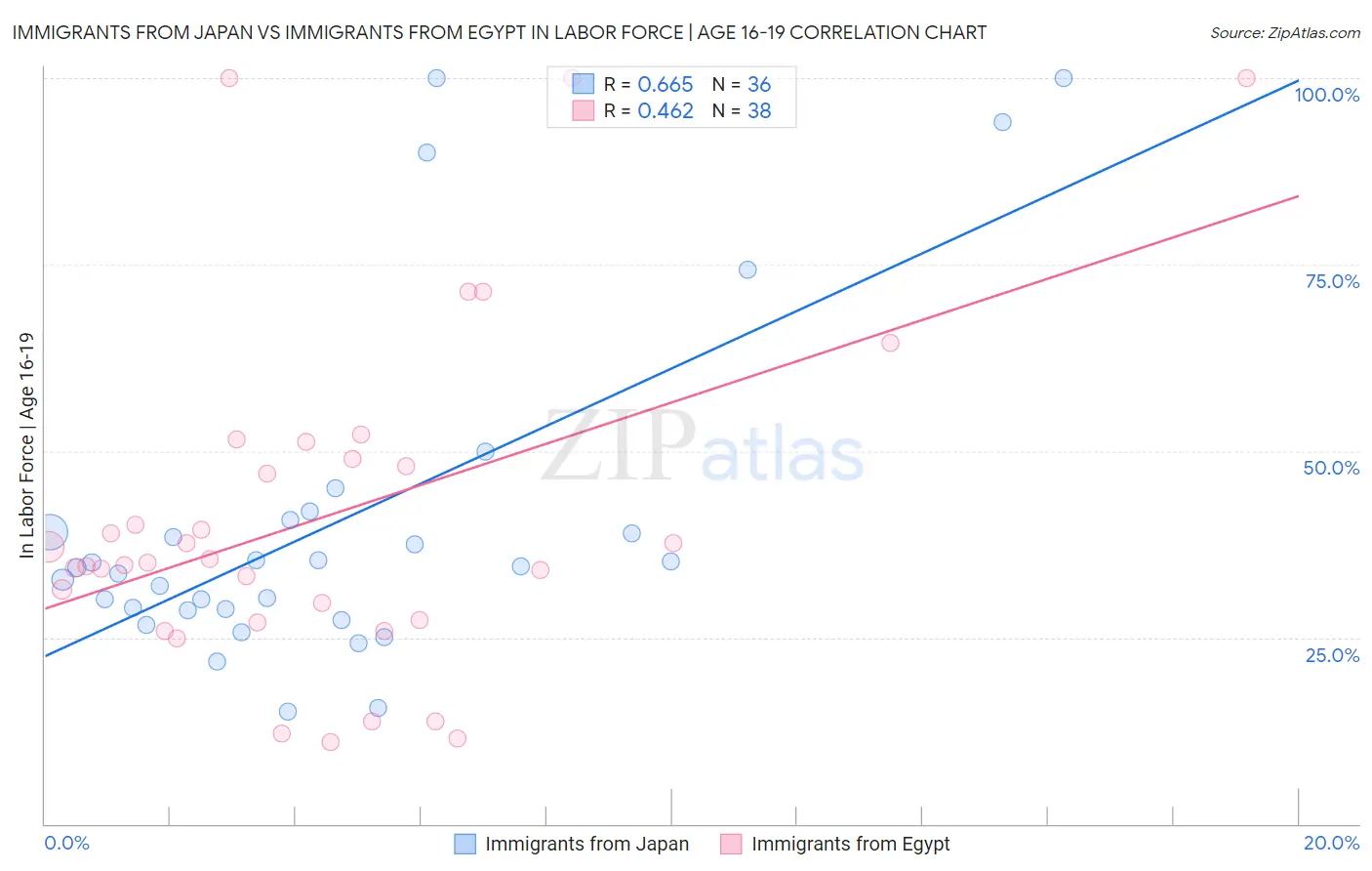 Immigrants from Japan vs Immigrants from Egypt In Labor Force | Age 16-19