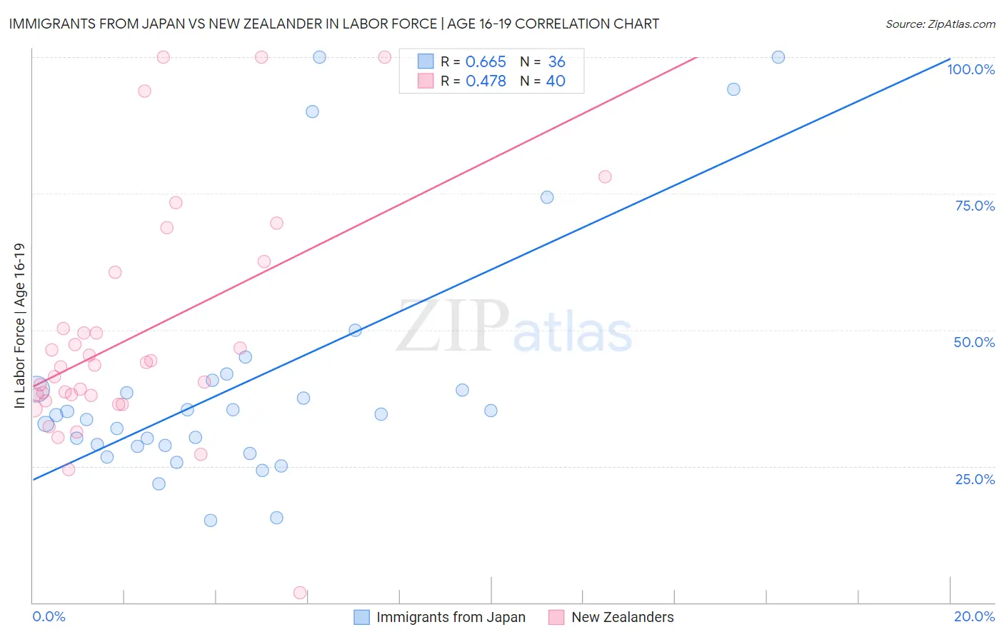 Immigrants from Japan vs New Zealander In Labor Force | Age 16-19