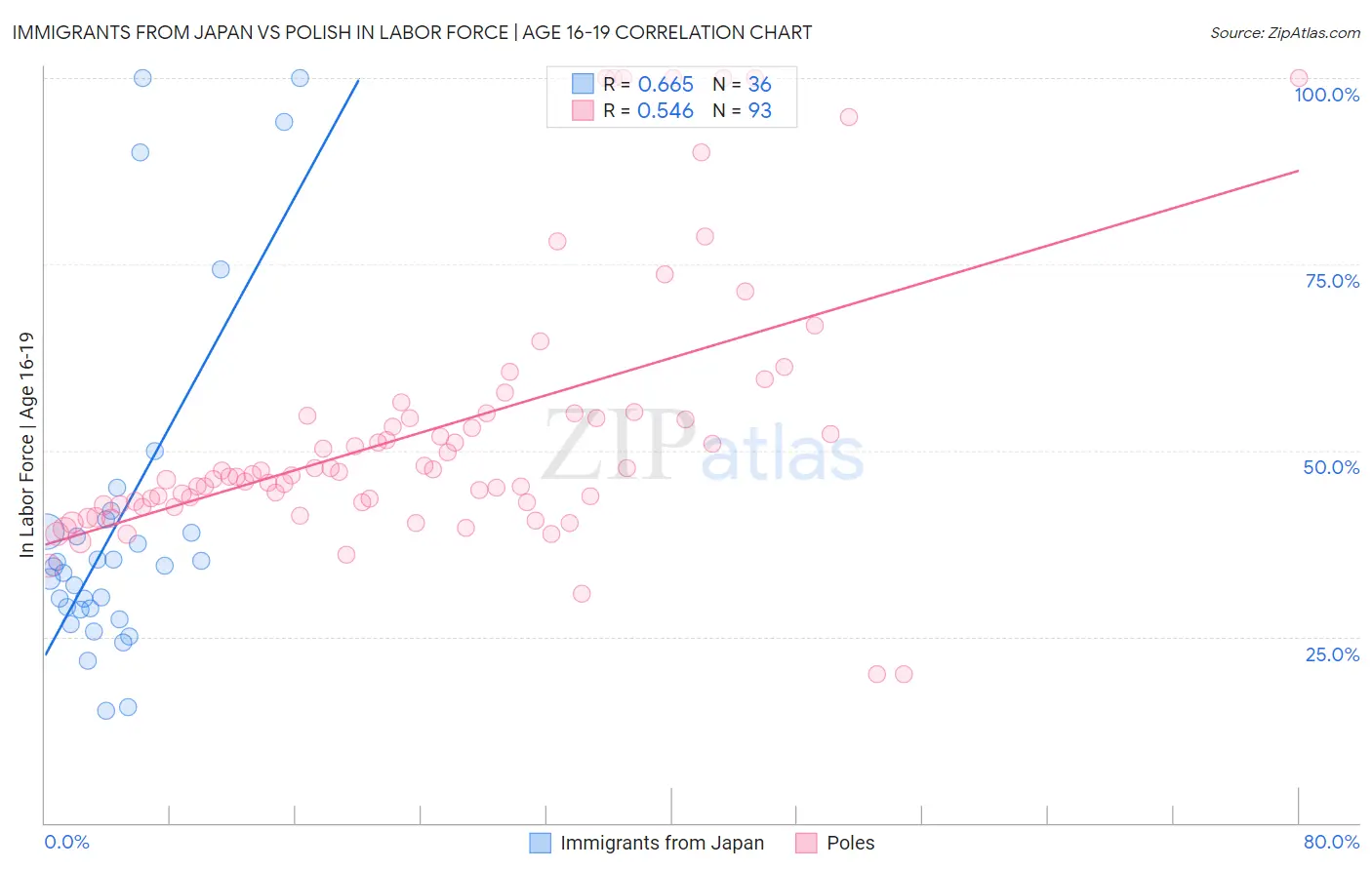 Immigrants from Japan vs Polish In Labor Force | Age 16-19