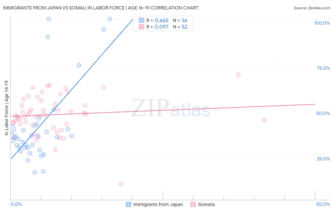 Immigrants from Japan vs Somali In Labor Force | Age 16-19