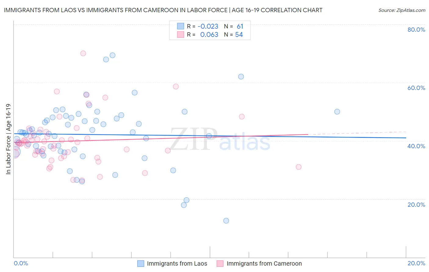 Immigrants from Laos vs Immigrants from Cameroon In Labor Force | Age 16-19