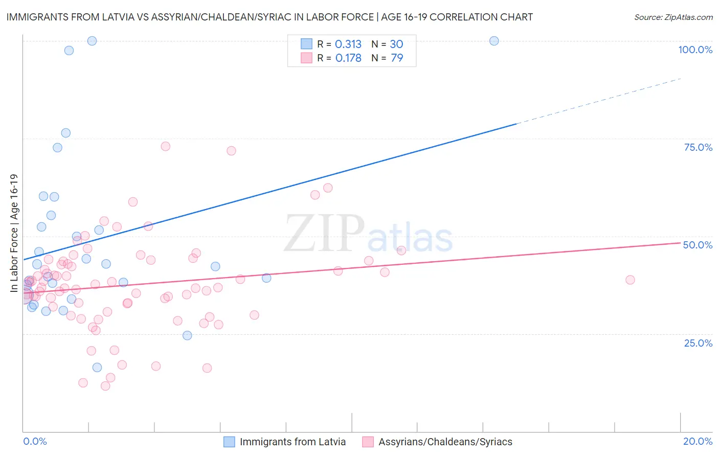 Immigrants from Latvia vs Assyrian/Chaldean/Syriac In Labor Force | Age 16-19