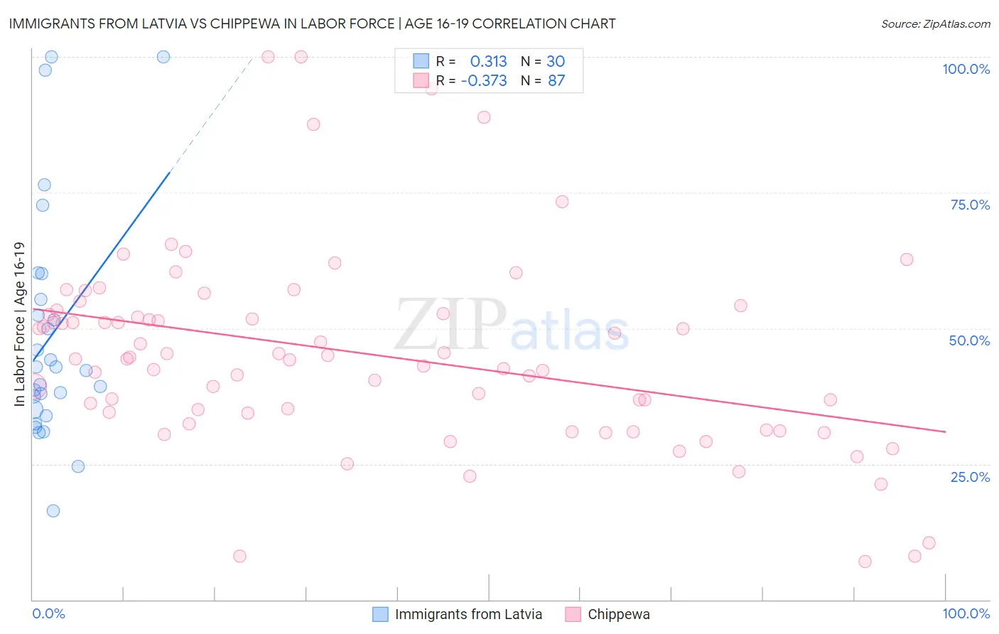 Immigrants from Latvia vs Chippewa In Labor Force | Age 16-19