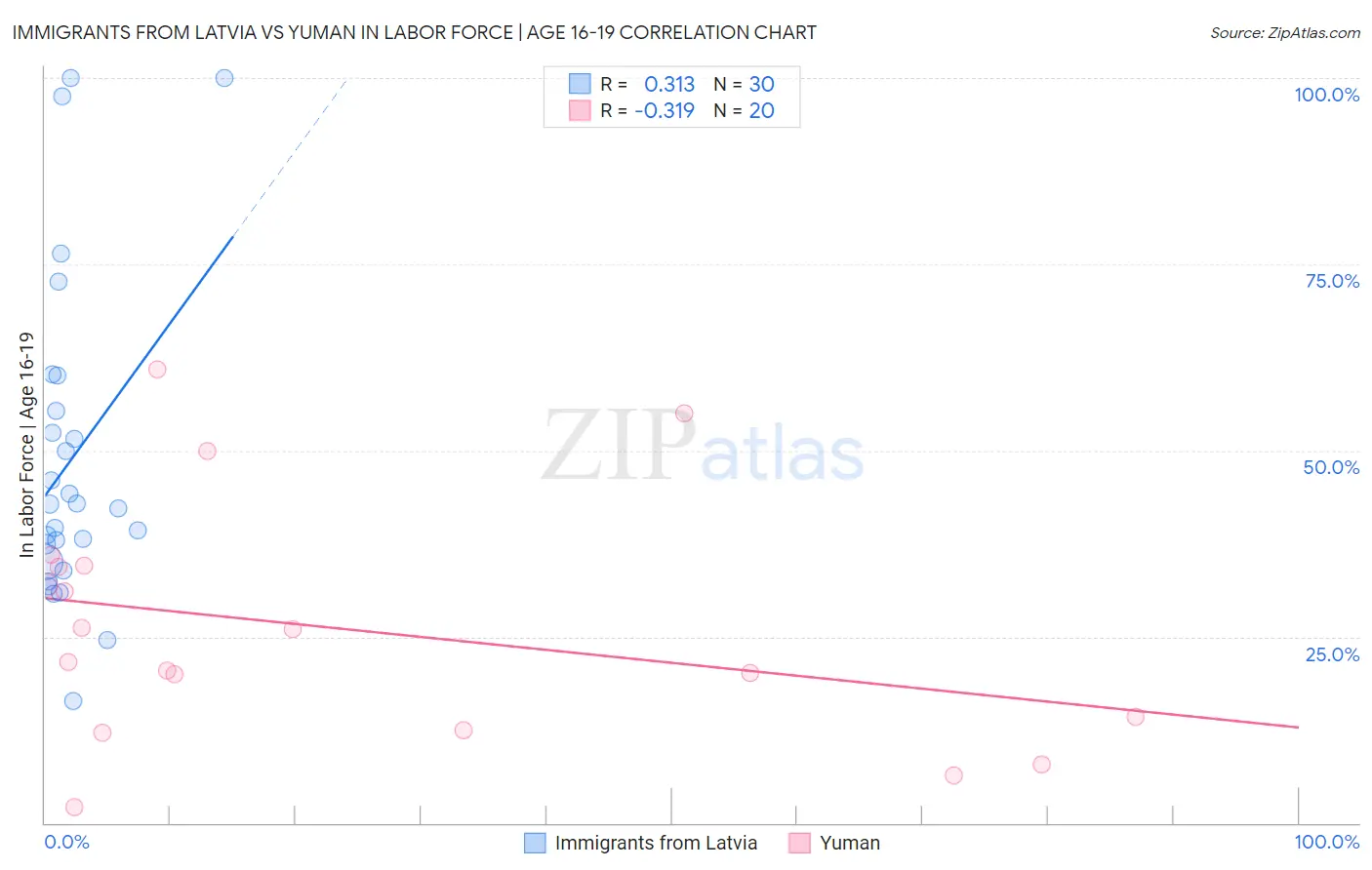 Immigrants from Latvia vs Yuman In Labor Force | Age 16-19