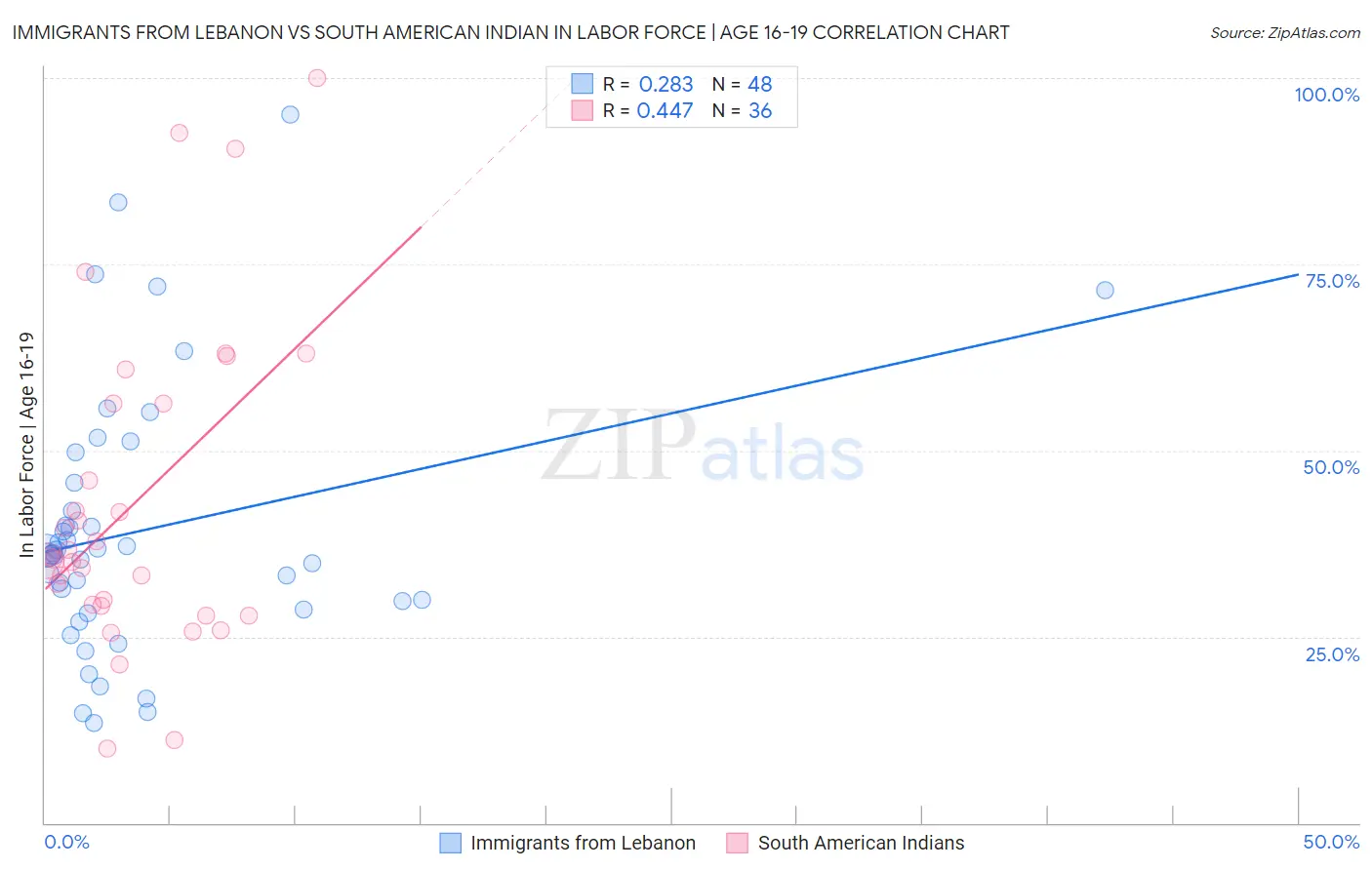 Immigrants from Lebanon vs South American Indian In Labor Force | Age 16-19