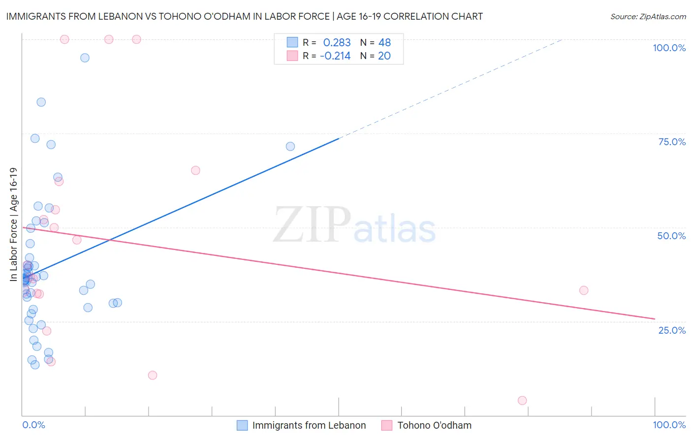 Immigrants from Lebanon vs Tohono O'odham In Labor Force | Age 16-19