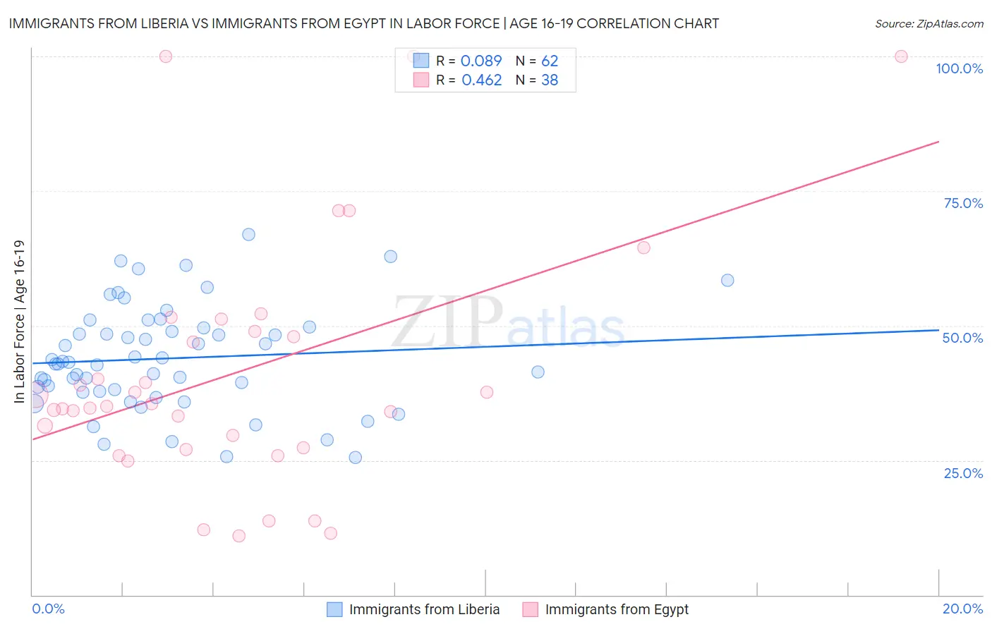 Immigrants from Liberia vs Immigrants from Egypt In Labor Force | Age 16-19