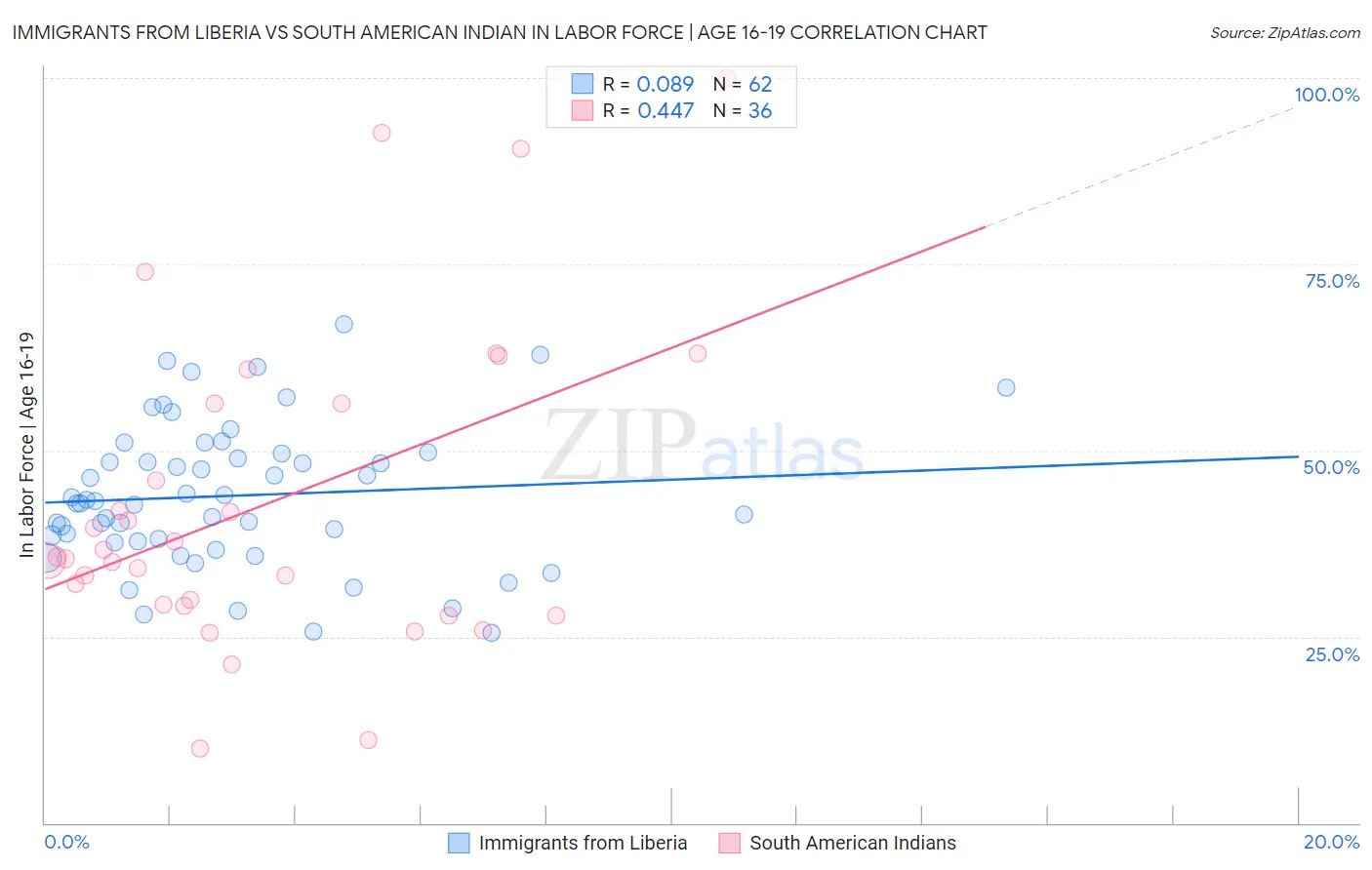 Immigrants from Liberia vs South American Indian In Labor Force | Age 16-19